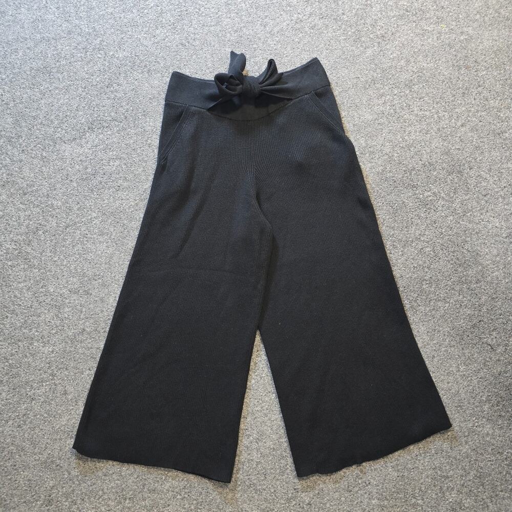 Saks Fifth Avenue Pants Womens Medium Black Wide Leg Ribbed Cropped Tie Waist